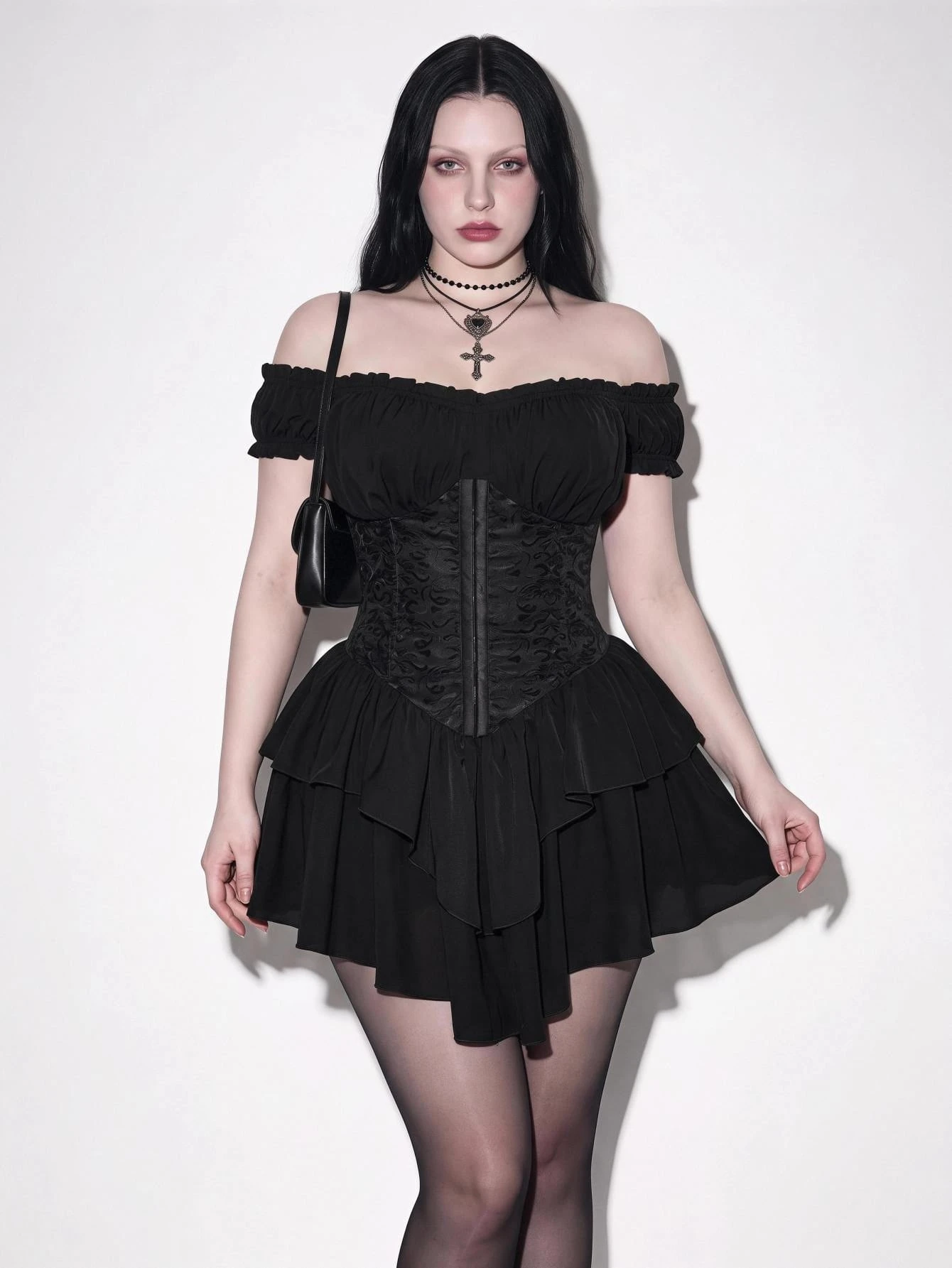 ICON Plus Size Women's Black Jacquard Waist Tie Ruffle Trim A-Line Chiffon Mini Dress,Goth Sexy Summer Vampire Corset Off Shoulder Dress For Cocktail Club